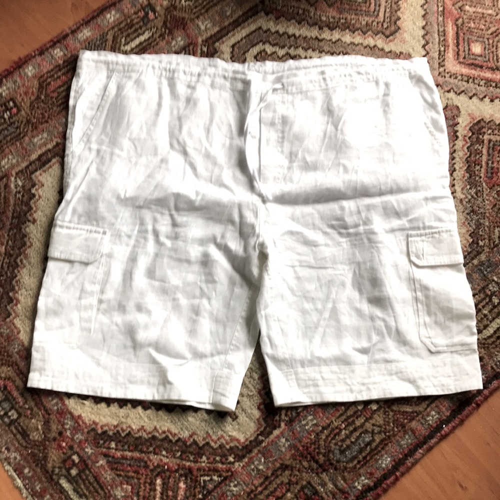 White linen cargo shorts with drawstring waist